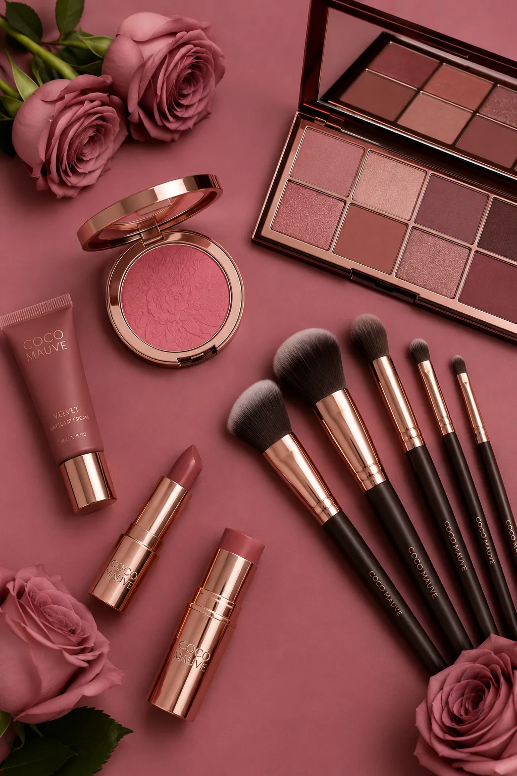 Eyeshadow palette, blush, lipsticks and brushes